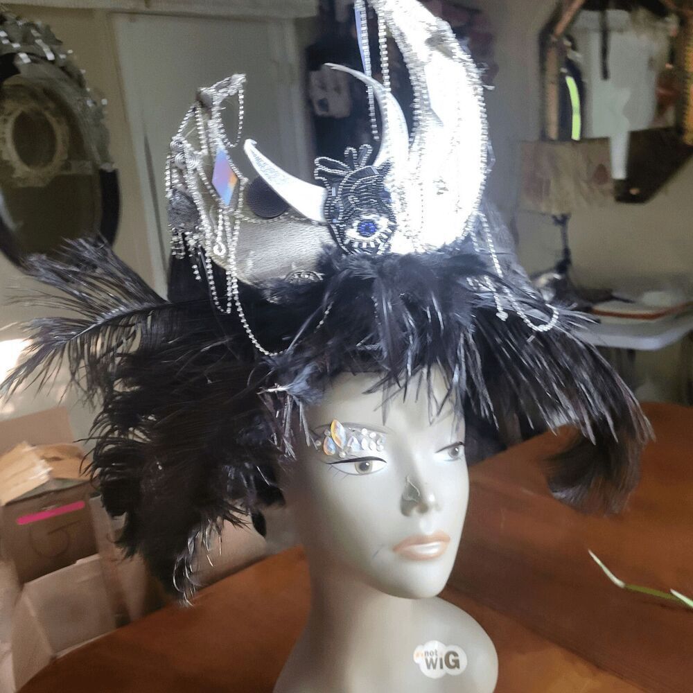 Handmade Festival Black Ostrich Feather Dark Moon Goddess Headpiece by Brebitz H